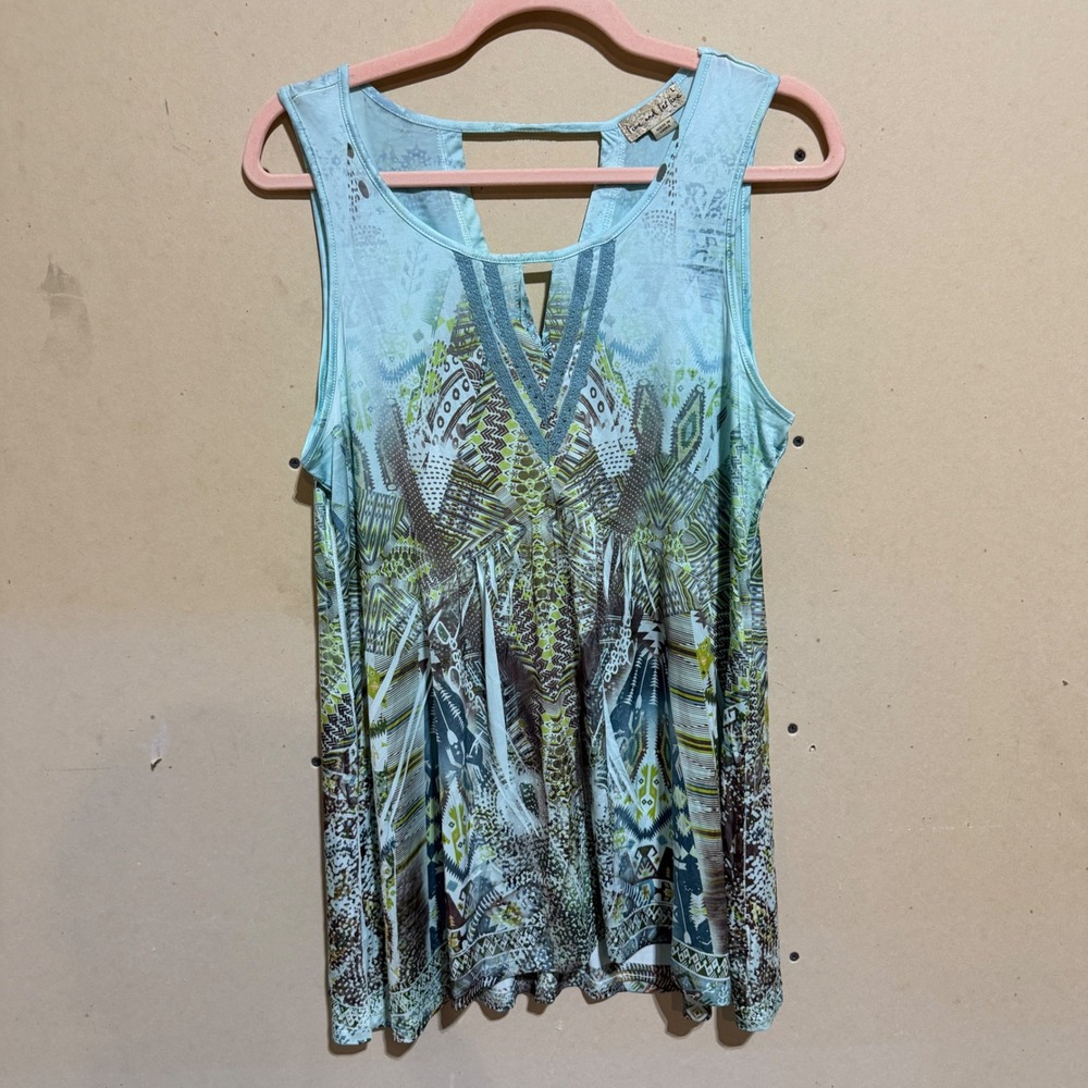Live and Let Live Blue Geometric Tribal Print Sleeveless Babydoll Top Large